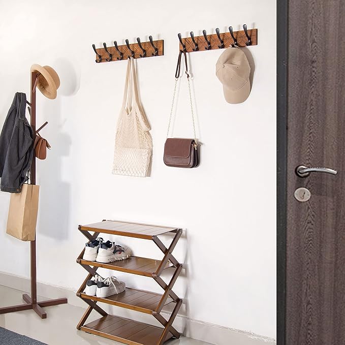 SKOLOO Coat Rack Wall Mount - Antique Wooden Carved- X Cross Coat Hook, Wall Coat Hanger with 6 Hooks for Hanging Coats, Hats, Clothing, Scarfs, Brown & Black