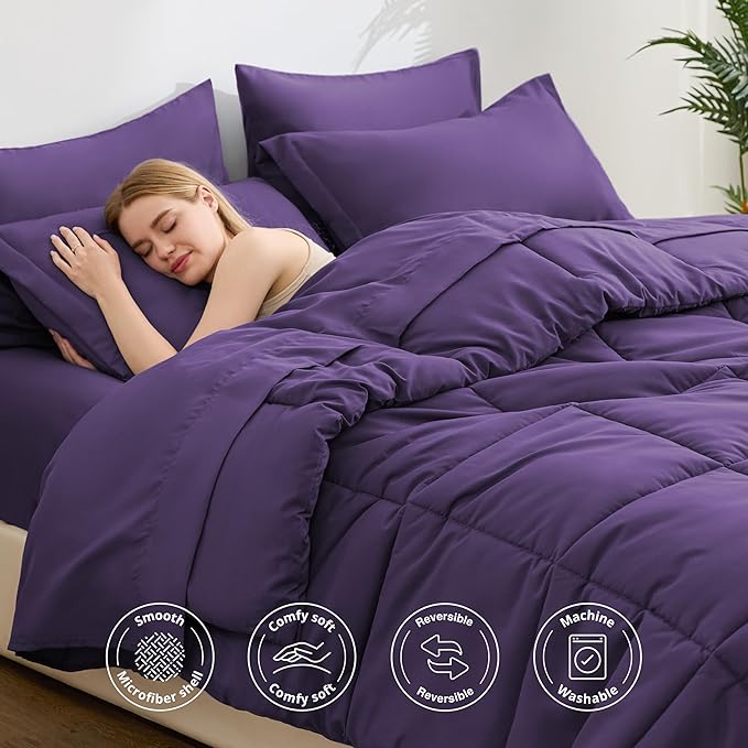 Love's cabin Full Comforter Set Dark Purple, 7 Pieces Full Bed in a Bag, All Season Bedding Sets with 1 Comforter, 1 Flat Sheet, 1 Fitted Sheet, 2 Pillowcase and 2 Pillow Sham