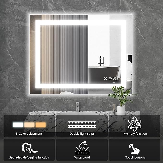 DUMOS 32"x 25" LED Bathroom Mirror with Lights, Anti-Fog Front Lit Backlit Lighted Wall Mounted Mirrors with Memory Function for Vanity, Makeup