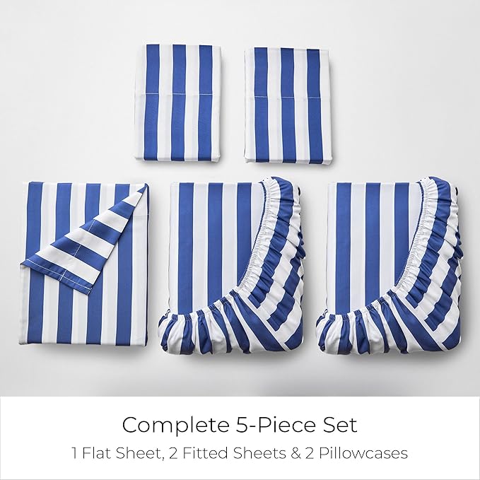 Mellanni Split King Sheets Set - 5 PC Iconic Collection Bedding - Hotel Luxury, Extra Soft, Cooling Bed Sheets - Wrinkle, Fade, Stain Resistant (Split King, Oxford Stripe Blue Nova)