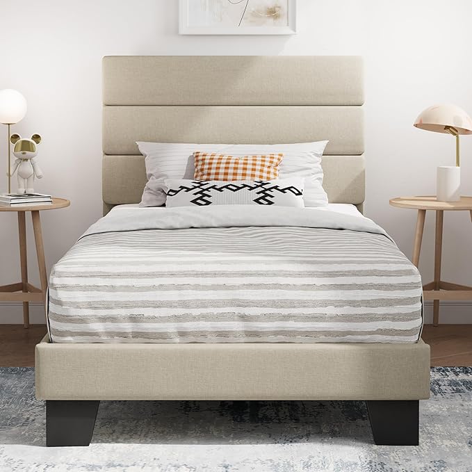 SHA CERLIN Twin Platform Bed Frame with Upholstered Fabric Headboard, Mattress Foundation with Strong Wooden Slats Support, No Box Spring Needed, Beige