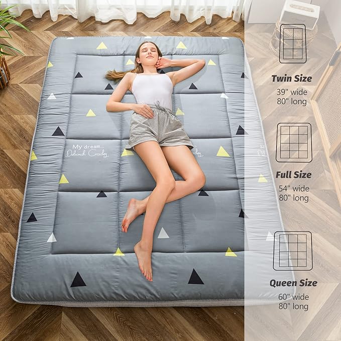 MAXYOYO Grey Triangle Futon Mattress, Japanese Floor Mattress Quilted Bed Mattress Topper, Extra Thick Folding Sleeping Pad Breathable Floor Lounger Guest Bed for Camping, Queen Size