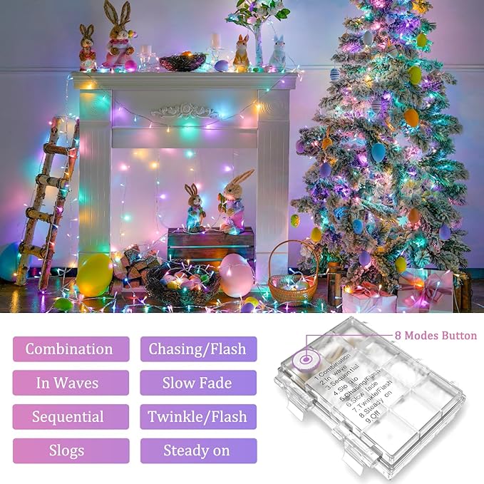 JMEXSUSS 2 Pack Easter Lights Battery Operated Outdoor Indoor, Total 66ft 200 LED Multicolor Easter String Lights for House Porch Yard Garden Tree Decorations