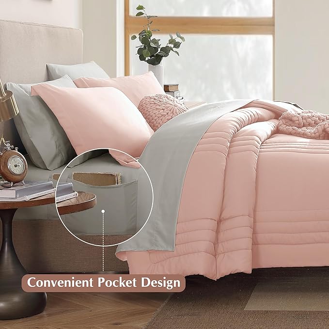 Monbix Queen Comforter Set - 7 Pieces Light Pink Bed in a Bag Queen Bedding Sets with Comforters, All Seasons Down Alternative Comforter Bed Set with Sheets, Pillowcases & Shams