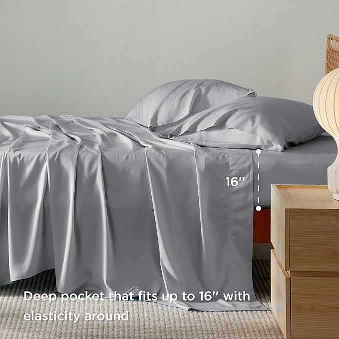 Bedsure Queen Sheets, Rayon Derived from Bamboo, Queen Cooling Sheet Set, Deep Pocket Up to 16", Breathable & Soft Bed Sheets, Hotel Luxury Silky Bedding Sheets & Pillowcases, Silver Grey