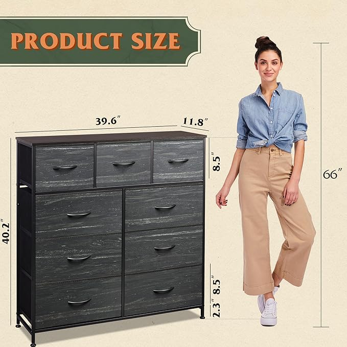 WLIVE 9-Drawer Dresser, Fabric Storage Tower for Bedroom, Entryway, Closet, Tall Chest Organizer Unit with Fabric Bins, Steel Frame, Wood Top, Easy Pull Handle, Charcoal Black Wood Grain Print