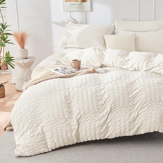 HYMOKEGE Ivory Queen Comforter Set Seersucker 7 Pieces, All Season Luxury Bed in a Bag for Bedroom, Bedding Set with Comforters, Sheets, Pillowcases & Shams