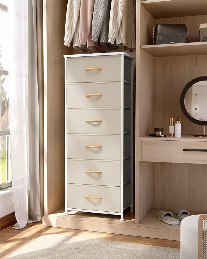 Crestlive Products Tall Dresser for Closet, Vertical Storage Tower - Sturdy Steel Frame, Wood Top, Easy Pull Fabric Bins Handles - Organizer Unit for Bedroom, Hallway, Entryway - 6 Drawers (Beige)