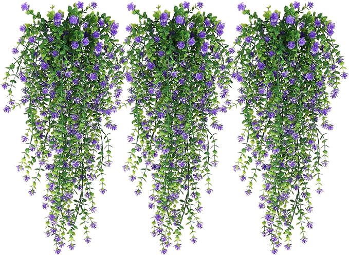 RECUTMS Vine Plant Fake Ferns Plants Large Faux Artificial Hanging Plants Wall Plants Artificial Hanging Plants Outdoors Fake Hanging Plant Greenery Vine for Outdoor Plants Decor 3 Pcs(Purple)