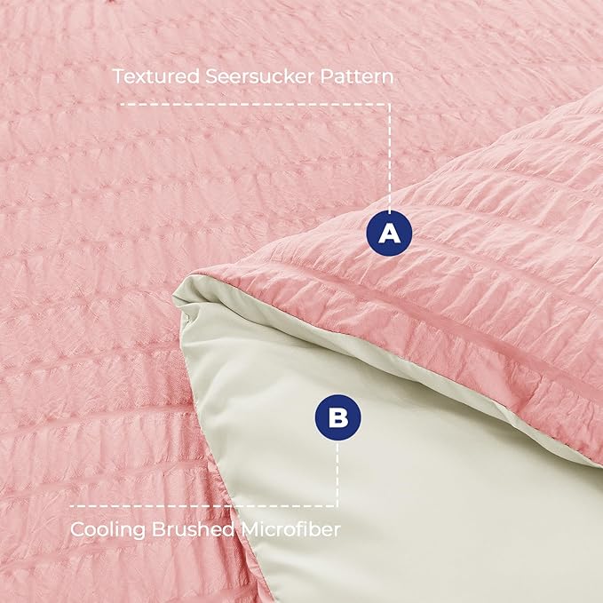 HYMOKEGE Pink/Ivory California King Comforter Set Seersucker 7 Pieces, All Season Luxury Bed in a Bag for Bedroom, Bedding Set with Comforter, Sheets, Pillowcases & Shams