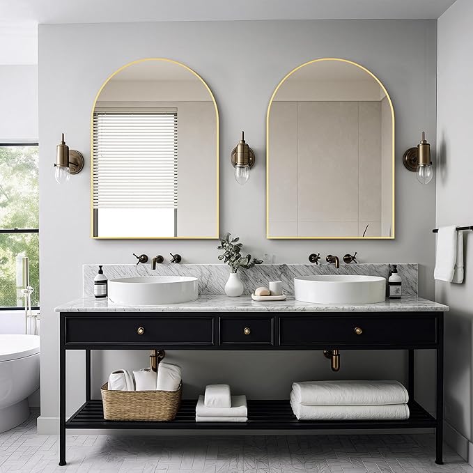 Delma Arched Bathroom Mirror, 26"x38" Wall Mounted Vanity Mirror for Bedroom, Living Room and Entryway, Gold
