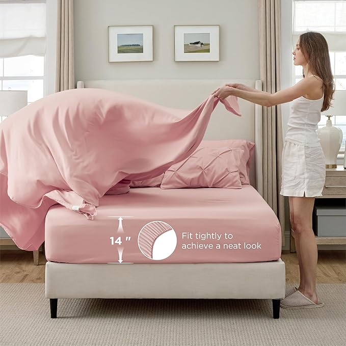 Bedsure California King Comforter Set Pink - Bed in a Bag Cal King Bedding Set 7 Pieces, GentleSoft™ Pintuck Bed Set Gift for Family, Pinch Pleat Pink Comforter with Sheets, Pillowcases & Shams