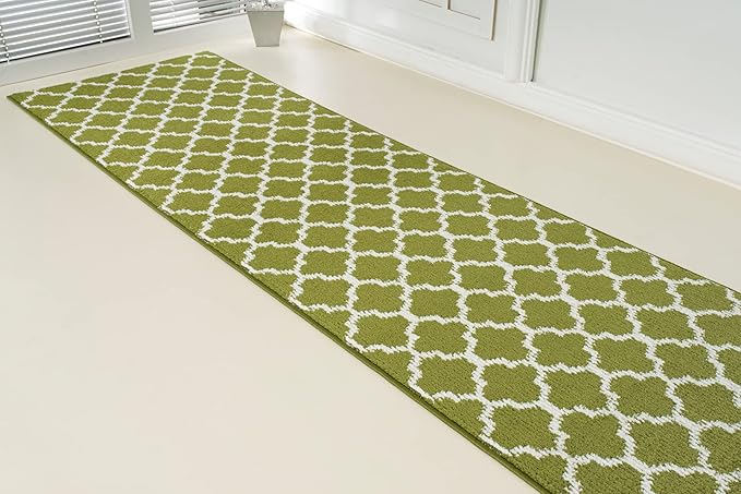Custom Size Moroccan Trellis Runner Rug Mat for Wide Hallway Entryway Kitchen Laundry Room with Slip Resistant Latex Rubber Backing, Trellis Green, 31 inch X 12 feet