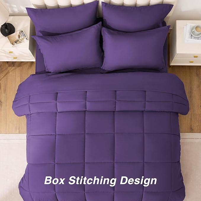 Love's cabin King Size Comforter Set Dark Purple, 7 Pieces King Bed in a Bag, All Season Bedding Sets with 1 Comforter, 1 Flat Sheet, 1 Fitted Sheet, 2 Pillowcase and 2 Pillow Sham