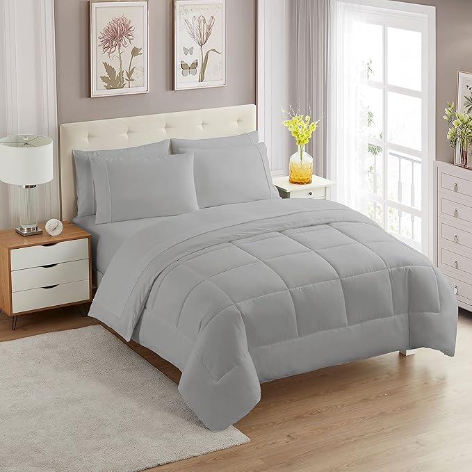 Sweet Home Collection 5 Piece Comforter Set Bag Solid Color All Season Soft Down Alternative Blanket & Luxurious Microfiber Bed Sheets, Silver, Twin