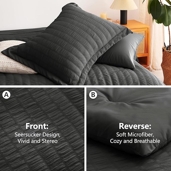 CozyLux California King Comforter Set with Sheets 7 Pieces, Dark Grey Seersucker Bed in a Bag Cal King Luxury Soft Bedding Sets with Down Alternative Comforter, Sheets, Pillowcases & Shams All Season