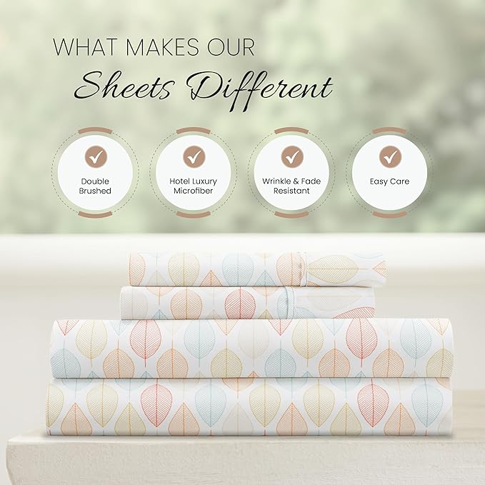 Linen Market 4 Piece King Sheet Set - Breathable, Double-Brushed Patterned Cooling Sheets – Oeko-TEX Certified Ultra Soft & Wrinkle-Free 16" Deep-Pocket King Sheets - Easy Care Fall Foliage Yellow