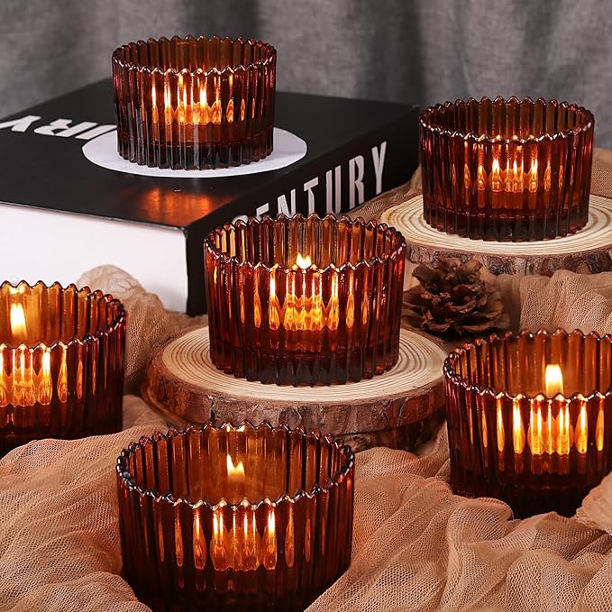 24 pcs Large Tea Light Holders, Amber Glass Candle Holders, Votive Candle Holders for Table Centerpiece Wedding Table Decor