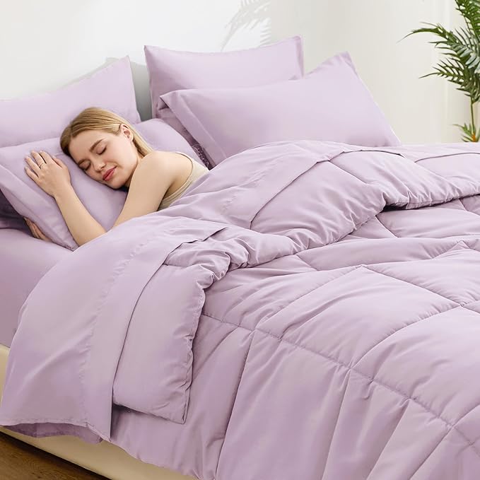 Love's cabin Twin Comforter Set Light Purple, 5 Pieces Twin Bed in a Bag, All Season Bedding Sets with 1 Comforter, 1 Flat Sheet, 1 Fitted Sheet, 1 Pillowcase and 1 Pillow Sham