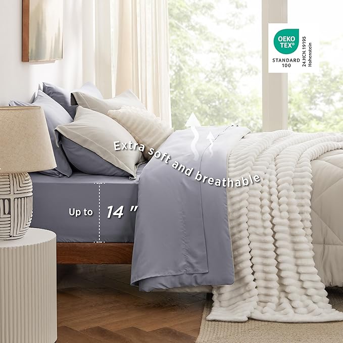 Bedsure King Size Comforter Set - 7 Pieces Reversible Beige Bedding, King Size Bed Set for All Seasons, Bed in a Bag with Down Alternative Comforter, Sheets, Pillowcases & Shams