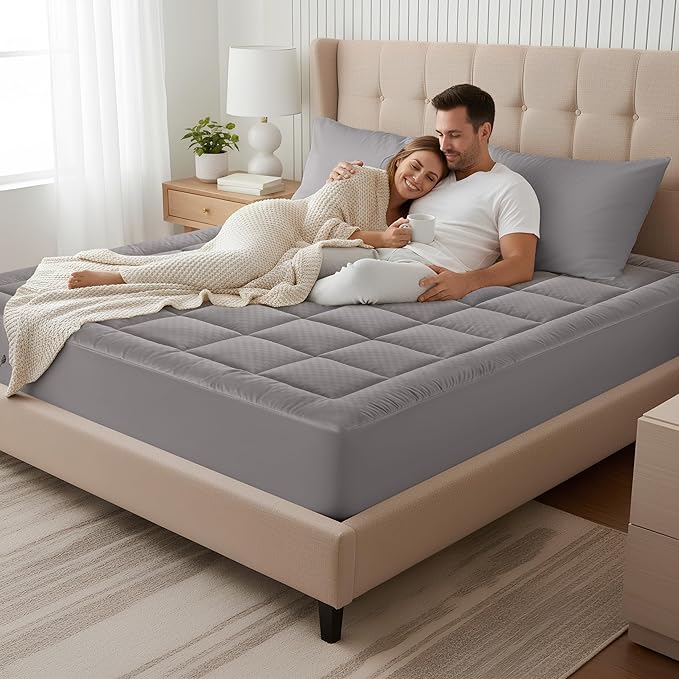 OLANLY Twin XL Quilted Fitted Mattress Pad – Soft Down Alternative Pillow Top Mattress Topper, Cooling Comfort Breathable Mattress Cover, Machine Washable Deep Pocket Mattress Protector, Light Grey