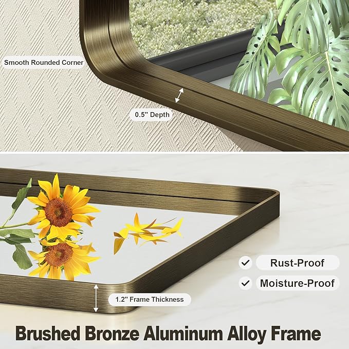40x30 Bronze Framed Bathroom Mirror, Brushed Bronze Metal Vanity Mirror, Bronze Rectangle Mirror for Wall, Rounded Corner, Tempered Glass, Anti-Rust, Shatterproof (Horizontal/Vertical)