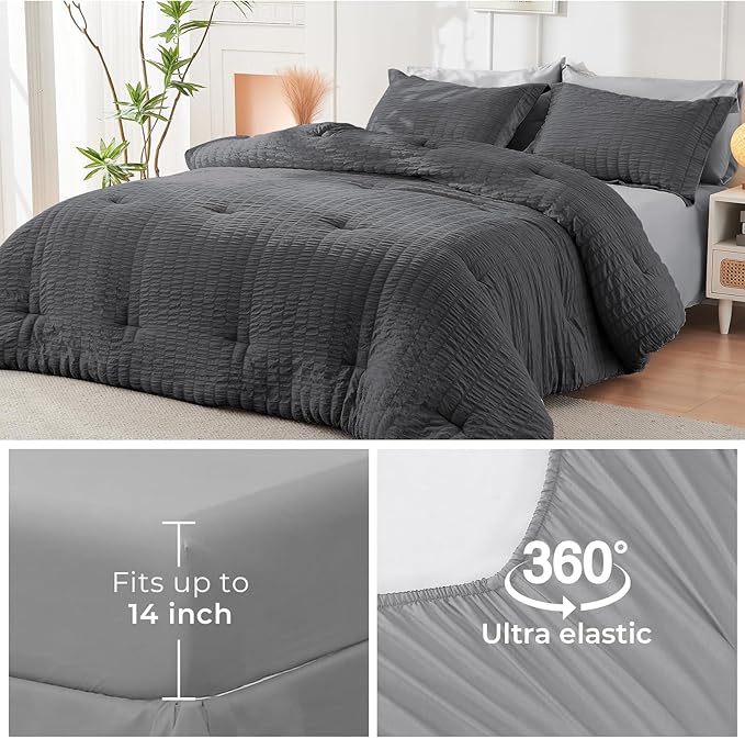 HYMOKEGE Dark Grey/Light Grey Twin Comforter Set Seersucker 5 Pieces, All Season Luxury Bed in a Bag for Bedroom, Bedding Set with Comforter, Sheets, Pillowcase & Sham