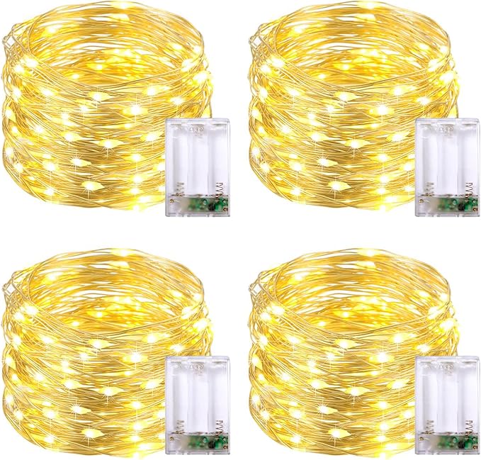 JMEXSUSS 4 Pack 50 LED Christmas Fairy Lights Battery Operated, 16ft Warm White Fairy Lights for Bedroom Wedding Patio Party DIY Mason Jar Decorations