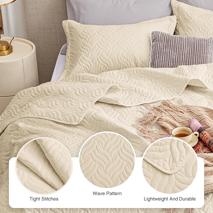 Love's cabin Quilts for Queen Bed Camel Bedspreads Bedding Set - Summer Lightweight Bedspread Comforter - Wave Pattern Bedding Coverlet for All Season - 3 Pieces (1 Quilt, 2 Pillow Shams)