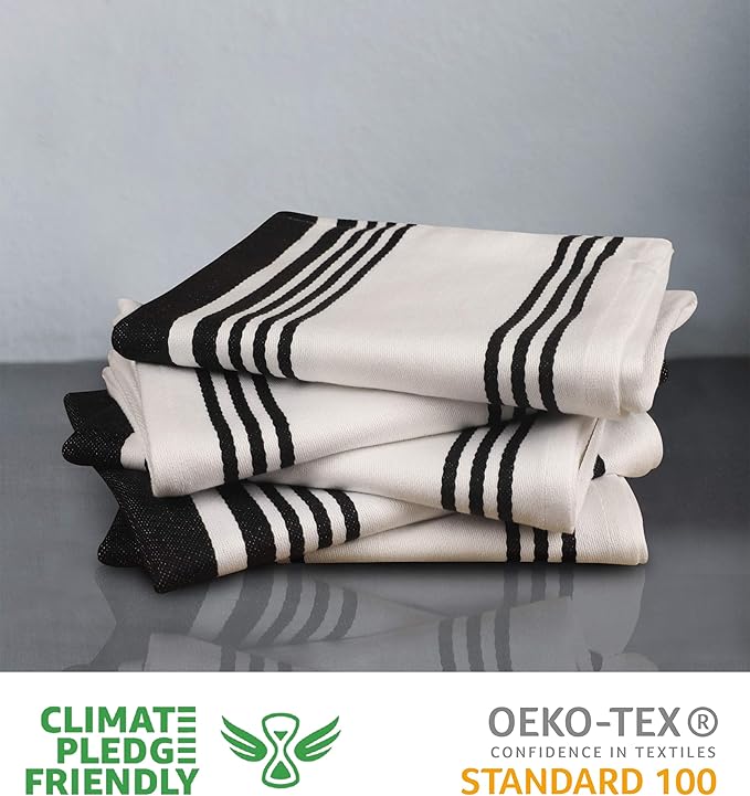 Urban Villa Kitchen Towels 100% Cotton Pack of 3, Highly Absorbent Quick Drying Super Soft Premium Dish Towels for Kitchen with Hanging Loop Hand & Tea Towels - 20x30 Inch, (Black & White, Striped)