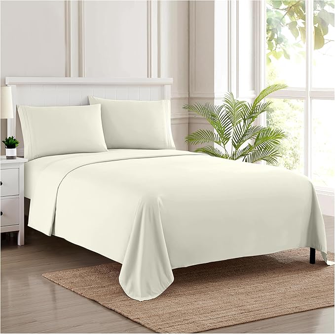 Split King Sheets - Breathable Luxury Sheets with Full Elastic & Secure Corner Straps Built In - 1800 Supreme Collection Extra Soft Deep Pocket Bedding Set, Sheet Set, Split King Size, Ivory
