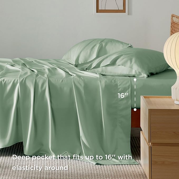 Bedsure Queen Sheet Set, Rayon Derived from Bamboo, Cooling Sheets, Breathable & Soft, Deep Pocket Up to 16 Inches, Hotel Luxury Silky Bedding for Hot Sleepers, Sage Green