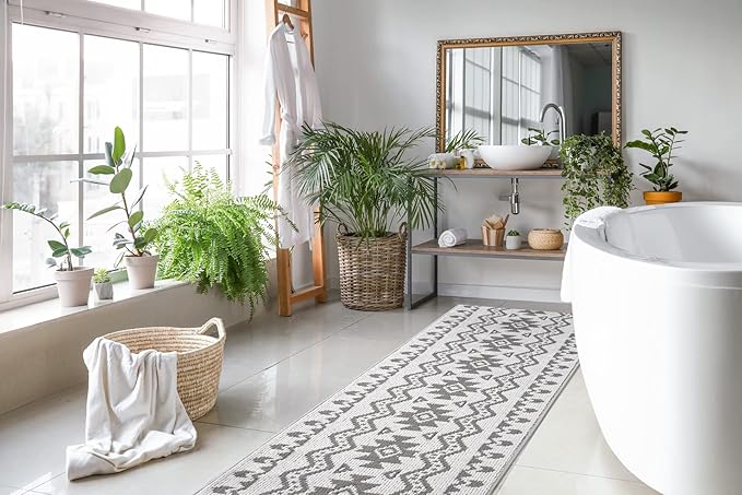 Custom Size Southwestern Style Runner Rug Mat for Wide Hallway Entryway Kitchen Laundry Room with Slip Resistant Latex Rubber Backing, Aztec Light Grey, 31 inch X 12 feet