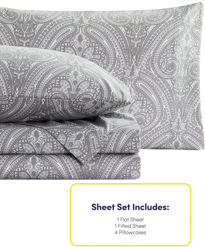 Full Size Bed Sheets - 6 Piece 1500 Supreme Collection Fine Brushed Microfiber Deep Pocket Full Sheet Set Bedding - 2 Extra Pillow Cases, Great Value, Full, Paisley Gray