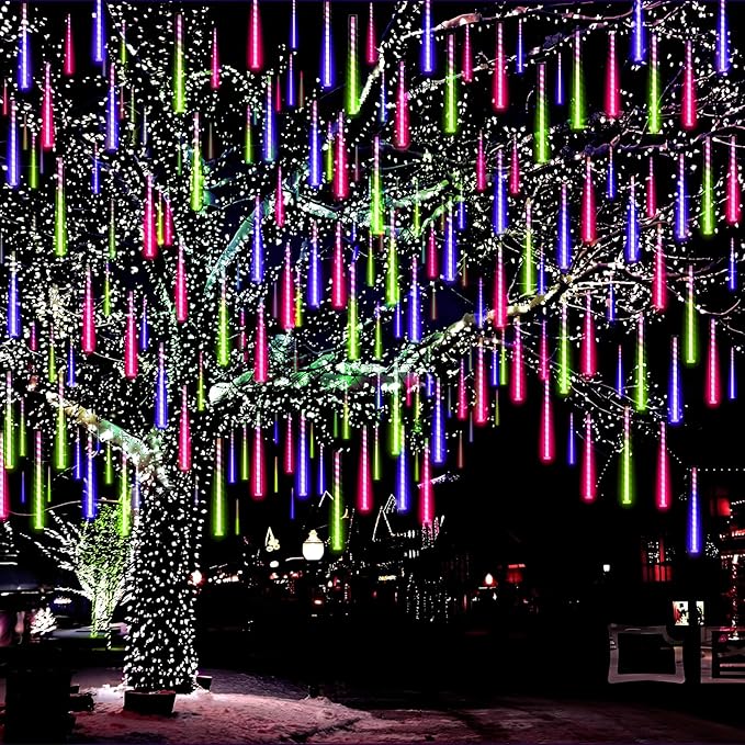 Aukora Christmas Lights Outdoor, UL Plug Halloween Lights Outside, LED Meteor Shower Light, 11.8in 8 Tubes 192 LEDs for Xmas, Wedding, Party, Holiday, Garden, Tree Decoration（Blue、Red、Green