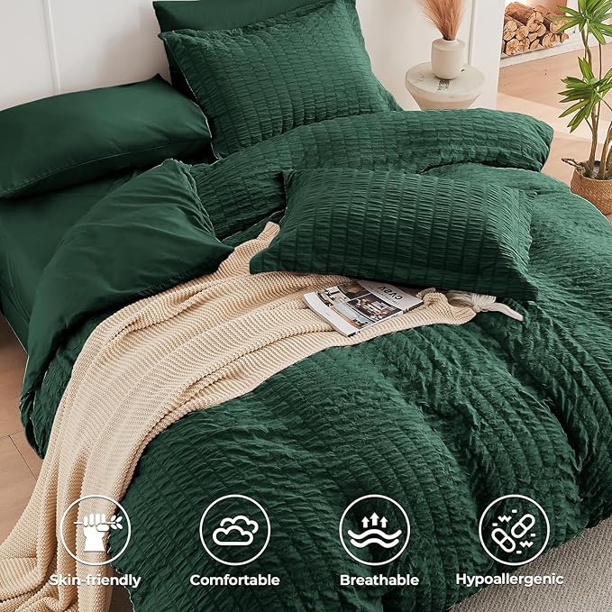 HYMOKEGE Emerald Green Twin Comforter Set Seersucker 5 Pieces, All Season Luxury Bed in a Bag for Bedroom, Bedding Set with Comforter, Sheets, Pillowcase & Sham
