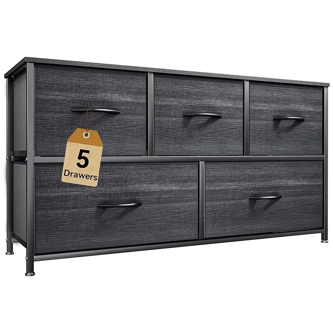 DWVO Dresser with 5 Drawers - Fabric Storage Tower, Organizer Unit for Bedroom, Living Room, Closets - Sturdy Steel Frame, Wooden Top
