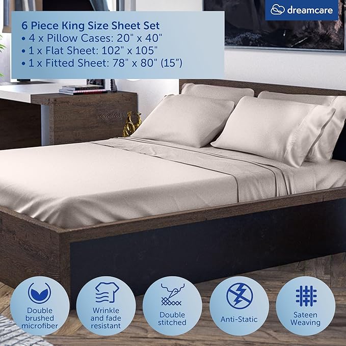 DREAMCARE King Size Sheets Set – 6 pcs Cooling Bed Sheets – up to 15” Deep Pocket King Sheet Set – 2500 Supreme Collection – Extra Soft 100% Brushed Microfiber Hotel Luxury with Side Pocket – Beige