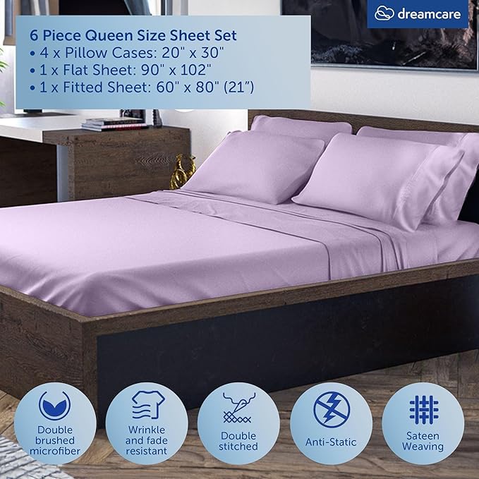 DREAMCARE Queen Sheet Set – 6 pcs Cooling Bed Sheets – up to 21” Deep Pocket Queen Sheets Set – 2500 Supreme Collection – Extra Soft 100% Brushed Microfiber Hotel Luxury with Side Pocket – Lavender
