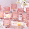 12 Pcs Large Pink Candle Holder- 3.15"×3.15" Ribbed Pink Vorive Candle Holders for Pink Bridal Shower Decorations, Girl Baby Shower Decorations, Pink Glass Candle Holder for Table Centerpiece