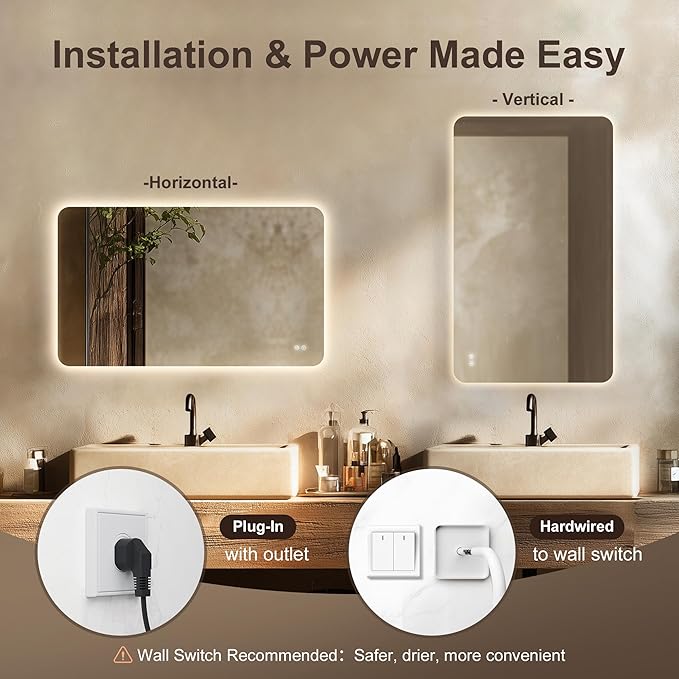 36''x24'' Lighted Mirrors for Bathroom Wall Backlit Rectangular Rounded Corners, LED Bathroom Mirror Frameless with Lights Anti Fog, Dimmable, 3 Colors,Tempered Glass, Shatter-Proof (Color 2)