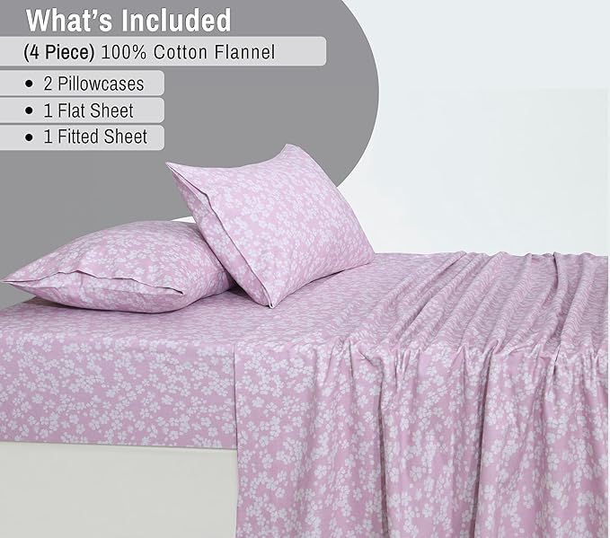 RUVANTI Flannel Sheets Queen Size - 100% Cotton Double Brushed Bed Sheets, Deep Pockets 16 Inches Queen Sheet Set, All Seasons Breathable & Extra Soft - Warm & Cozy, 4 Piece, Pink Flora