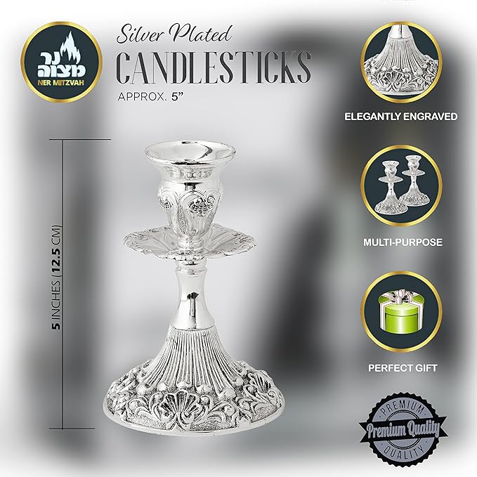 Silver Plated Candlesticks - 2 Pack Set - Pair of 5 Inch Ornate Candle Holders with Round Base and Floral Design