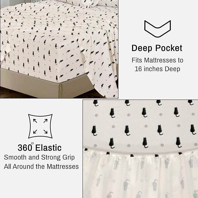 RUVANTI Flannel Sheets Twin XL Size - 100% Cotton Double Brushed Twin XL Sheet Sets, Deep Pockets 16 Inches, All Seasons Breathable & Extra Soft Bed Sheets, Warm & Cozy, 3 Piece, Black Cat