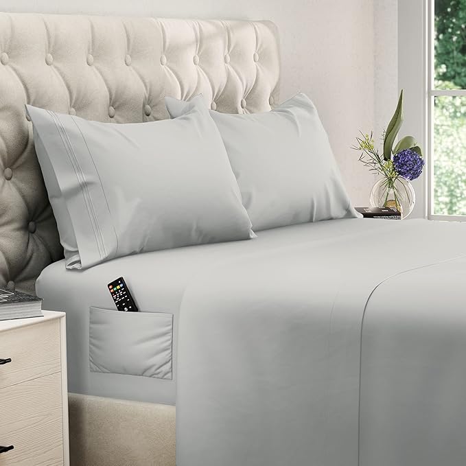 DREAMCARE King Size Sheets Set - Cooling Bed Sheets - 4pcs Set - up to 15" Deep Pocket King Sheet Set - Soft & Long Lasting 100% Fine Brushed Polyester with Side Pocket - L Gray
