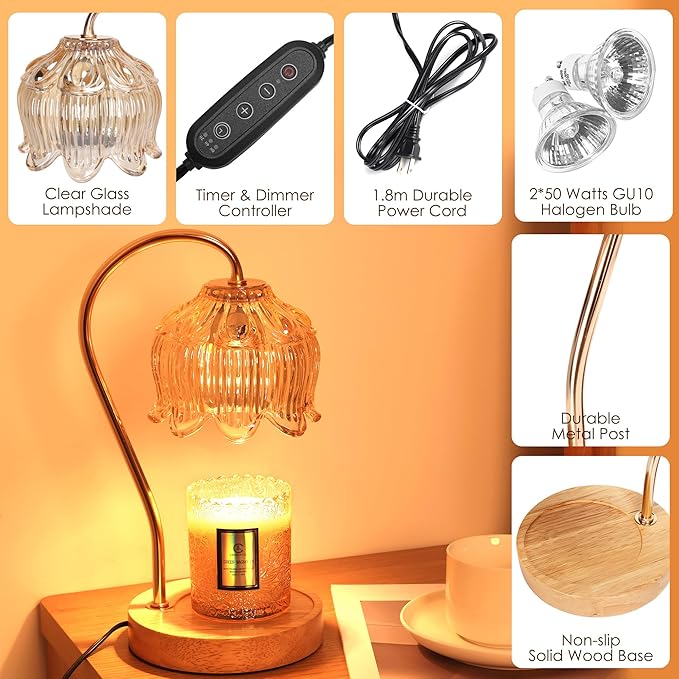Dimmable Flower Candle Warmer Lamp with Timer - Fits All Jar Scented Candles - Unique Birthday & Mother's Day Gift for Women