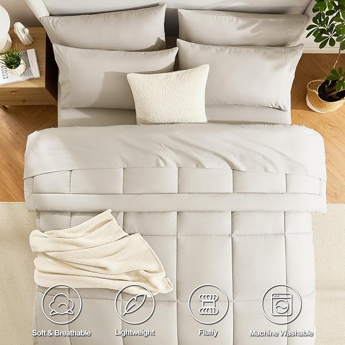 CozyLux Full Size Comforter Sets Beige, 7 Pieces Bed in a Bag, Beige Comforter Full Size, All Season Bedding Sets with Stitch Quilted Comforter, Flat Sheet, Fitted Sheet, Pillowcases