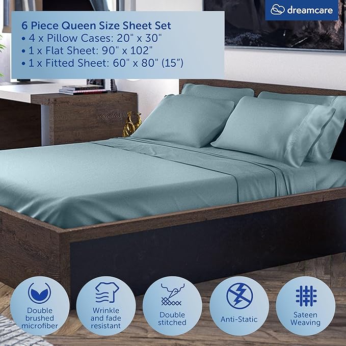 DREAMCARE Queen Sheet Set – 6 pcs Cooling Bed Sheets – up to 15” Deep Sheets Queen Size Bed Set – 2500 Supreme Collection – Extra Soft 100% Brushed Microfiber Hotel Luxury with Side Pocket – M Blue