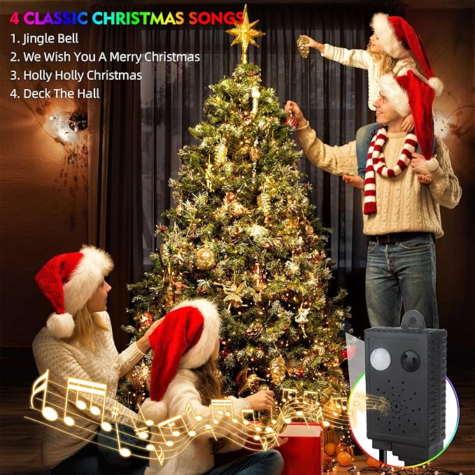 Motion Sensor Music Christmas Lights Outdoor Indoor, 108FT 300LED Christmas Tree Lights, Warm White Christmas String Lights for Tree Party Decorations