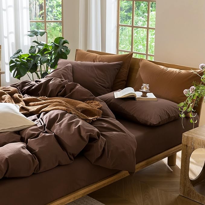 MooMee Bedding Duvet Cover Set 100% Washed Cotton Linen Like Textured Breathable Durable Soft Comfy (Solid Cocoa Brown, King 104"x90")